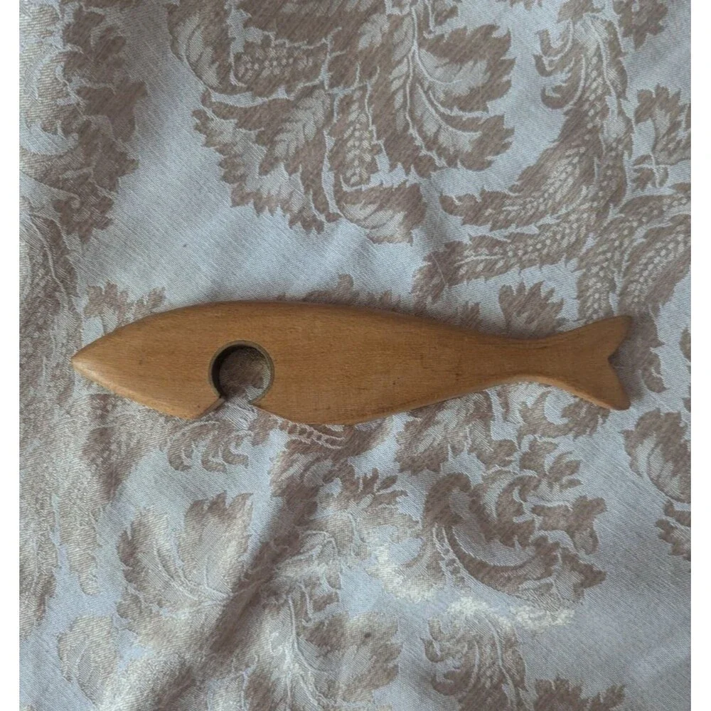 Vintage MCM 1950s Fish Shape Bottle Opener Wood Stainless Steel Bar